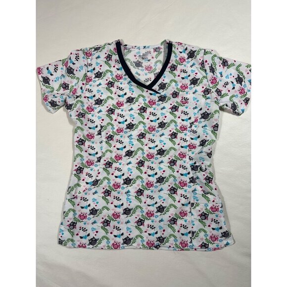 Scrubaid Tops - Scrubaid Scrub Top Women's white, hearts, birds and leaves Size M, V neck.